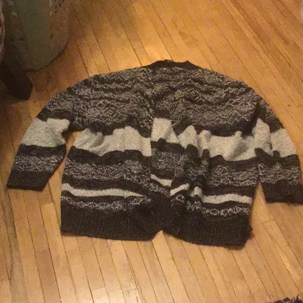 Black and gray cardigan sweater.